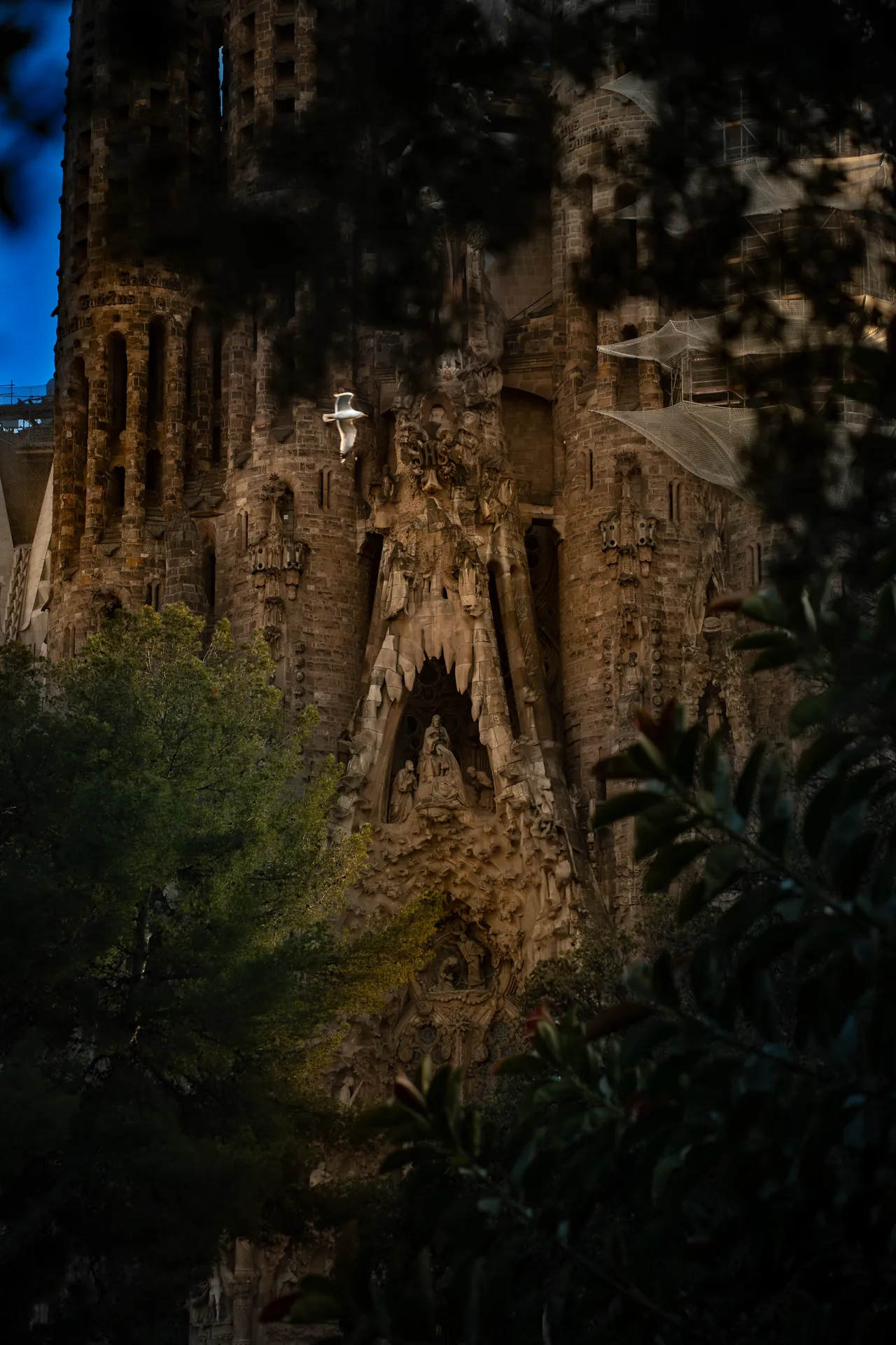 Fachada escultórica de la Sagrada Família de noche, entre árboles