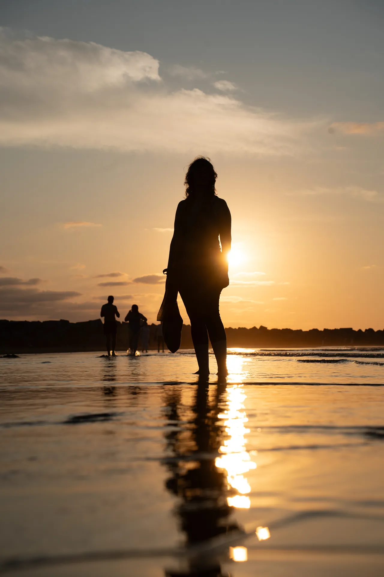Silueta de una mujer caminando sobre la arena mojada al atardecer